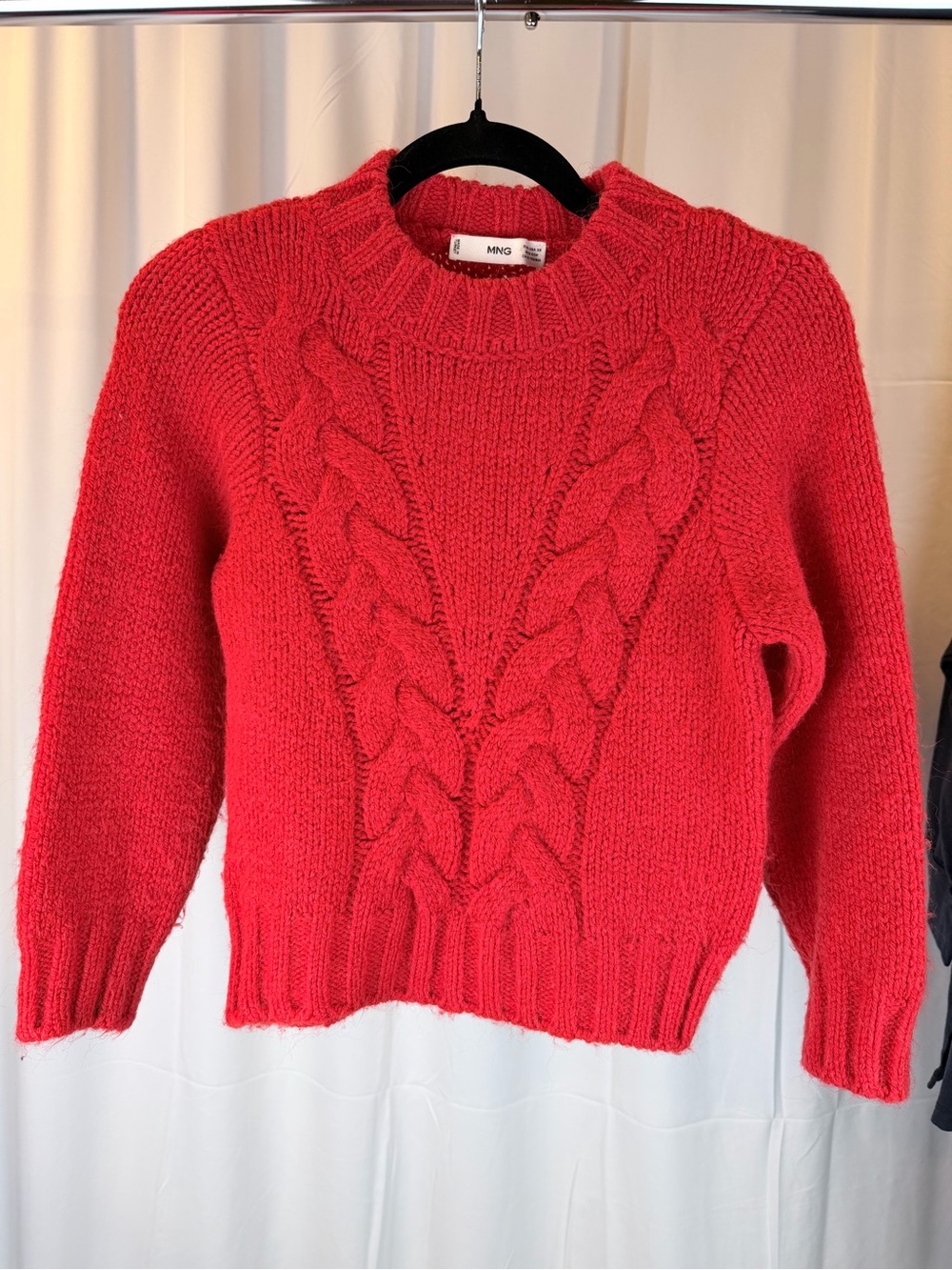 Mango Coral-Red Cable Knit Crewneck Sweater